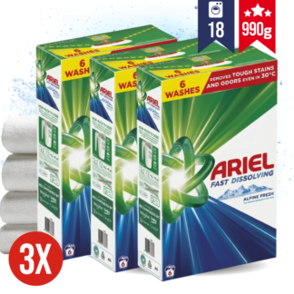 ARIEL pralni prašek za belo perilo MOUNTAIN SPRING ALPINE FRESH KOMPLET 3x 330g (18 pranj)